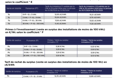 La Commission de Régulation de l’Energie vient de publier les nouveaux tarifs de prime et revente de surplus